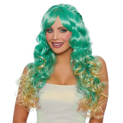Long wavy ombré wig with halo braids - Dreamgirl Wigs - Seafoam green/Honey