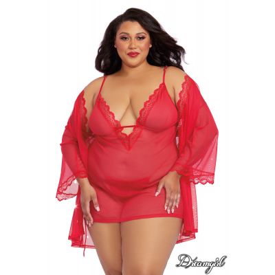 3 Pcs - Long-sleeved mesh robe, babydoll and matching G-string - Dreamgirl - Plus size