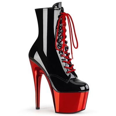 Ankle Boot - 7" Heel - PLEASER - Black/Red Chrome