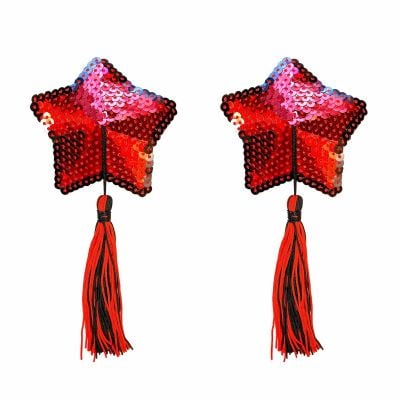 Reusable silicone pasties (2) - Neva Nude - Star with Red Sequin and Tassel